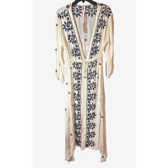 Raga Womens Embroidered Maxi Dress Sm White & Navy Boho Crinkle Fabric Anthro - Picture 5 of 7